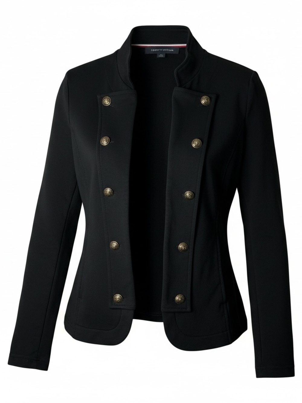 Tommy Hilfiger Womens M Black Military Knit Jacket Brass Buttons Open Front